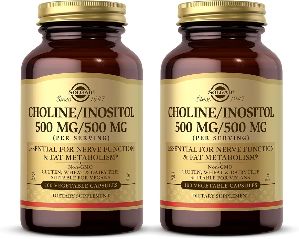 Solgar Cholin / Inositol 500 mg / 500 mg, 100 vegetabilske kapsler (pakke af 2) - Energi Metabolisme, leversundhed, Essential for Brain & Nerve funktion - Non- GMO, Vegan, Kosher - 100 Total Servering