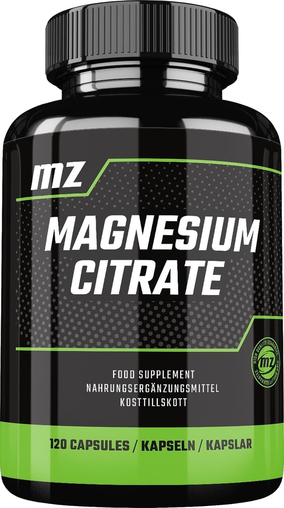 Magnesium Citrate 120mg + vitamin B6 (P- 5- P) 3 mg, 120 Vegankapsler, 4 Måneder Supply, Organic Form of Magnesium - Support Knoglestyrke og nervesystem - af MZ