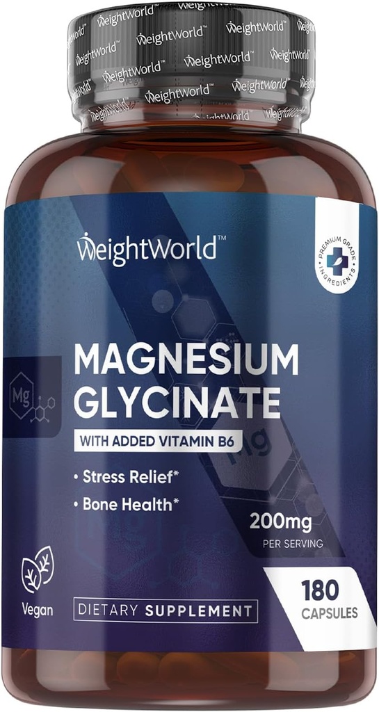 WeightWorld Magnesium Glycinate Kapsler 200mg - 180 Kapsler (3 Måneder) med vitamin B6 - Biotilgængelige Magnesium Glycinate Kosttilskud - Third- Party Testet, Vegan, Non- GMO, & Allergen- Free