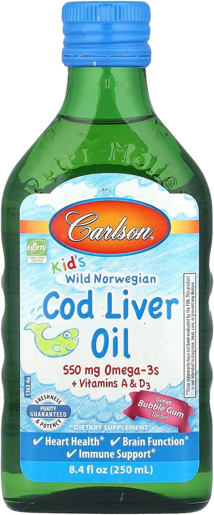 Carlson Kid 's Wild Norwegian, Cod Lever Oil + Vitamin A & D3, Bubble Gum, 8,4 fl oz (250 ml)