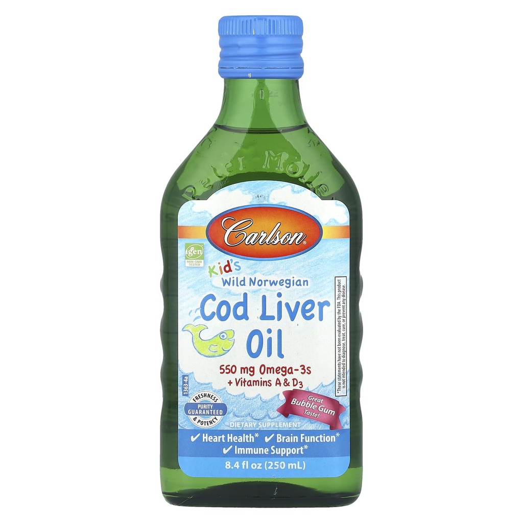 Carlson Kid 's Wild Norwegian, Cod Lever Oil + Vitamin A & D3, Bubble Gum, 8,4 fl oz (250 ml)