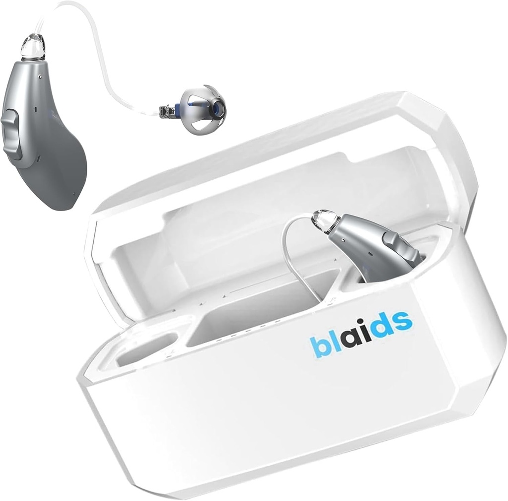 BlaidsX Neuro Genopladelige RIC + programmerbare høreapparater til voksne med mobil App Høreprøve & Støj Annullering, høreapparater til seniorer, Dual Mic & 96 DSP kanaler. USA- made processor