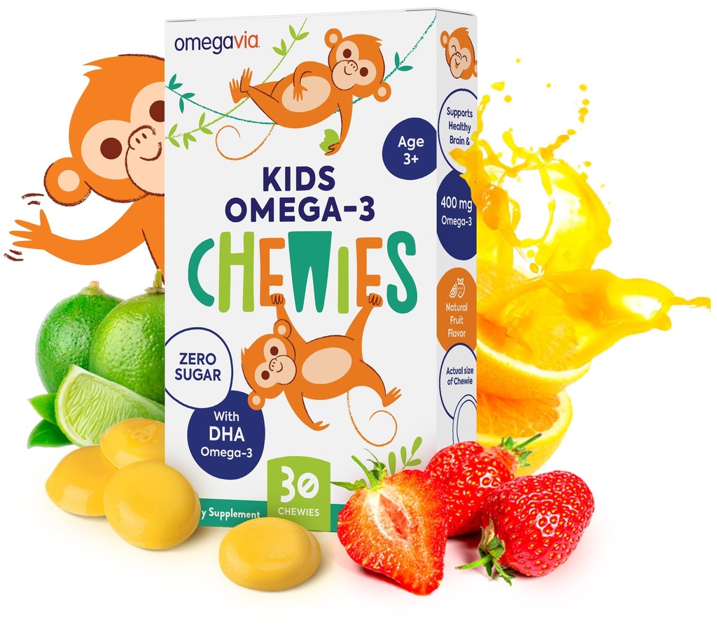 Omega 3 Gummies - Ultra- High DHA Chewable Gel Gummy - Omega 3 for børn støtter hjerne & øje sundhed - Sugar- Gratis naturlig frugt smag - Kids Omega 3 Fish Oil Gummies (30 Greve)