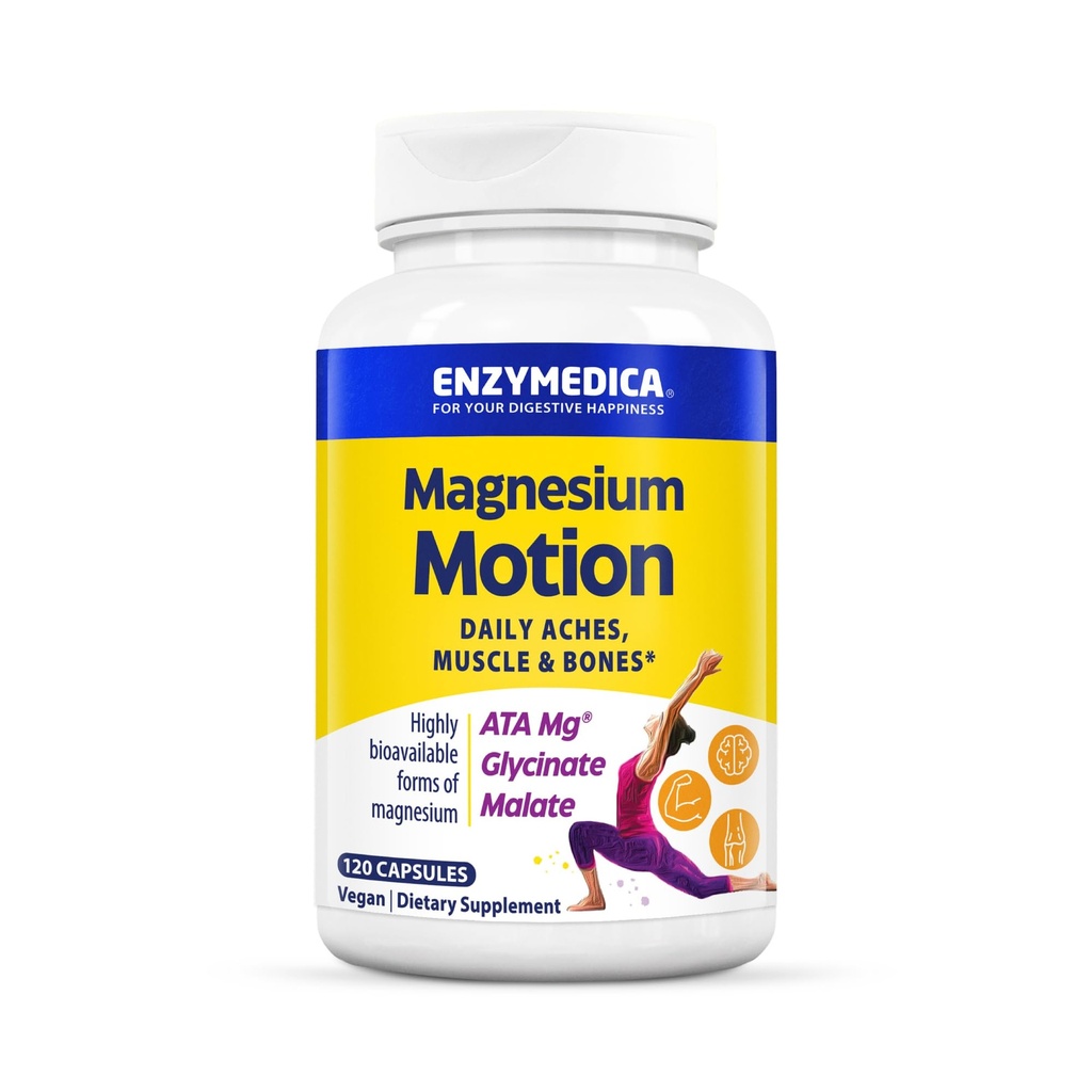 Enzymedica Magnesium Motion Supplement for Women & Men - Triple Magnesium Complex, ATA Mg, Malate & Glycinate, Muscle & Bone Health Support Capsules, High Bioavailability, Vegan, Gluten Free- 120 Caps