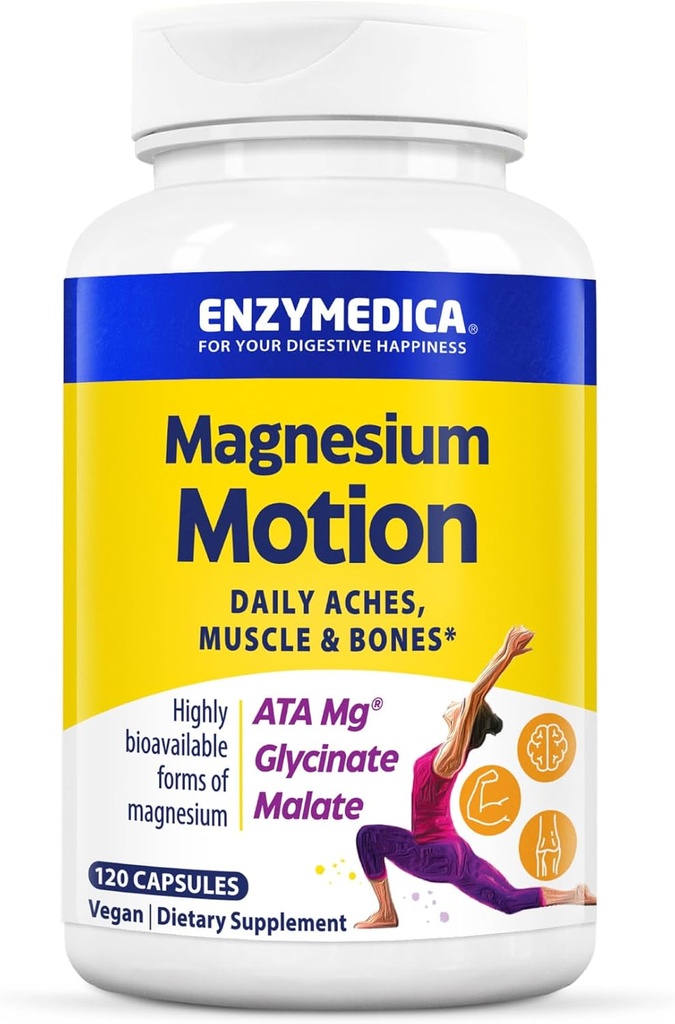 Enzymedica, Magnesium Motion med 3 former for Magnesium, ATA Mg, Glycinat, Malat, Sodhes Occasional Aches, Understøtter Bones & Muscles, 120 Kapsler