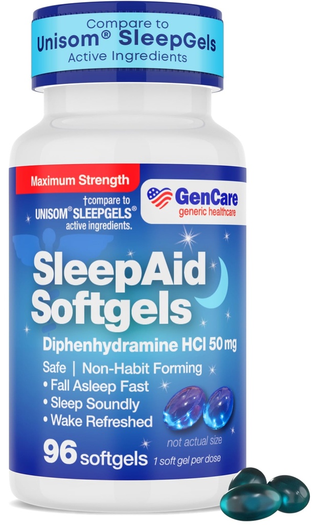 GenCare maksimal styrke Nighttime Sleep Support supplement til voksne Deep Sleep Pills med Diphenhydramin HCl 50mg til Fall Assaple Faster - Stærk ikke-Habit Forming PM Sleeping Relief [96 Softgel]