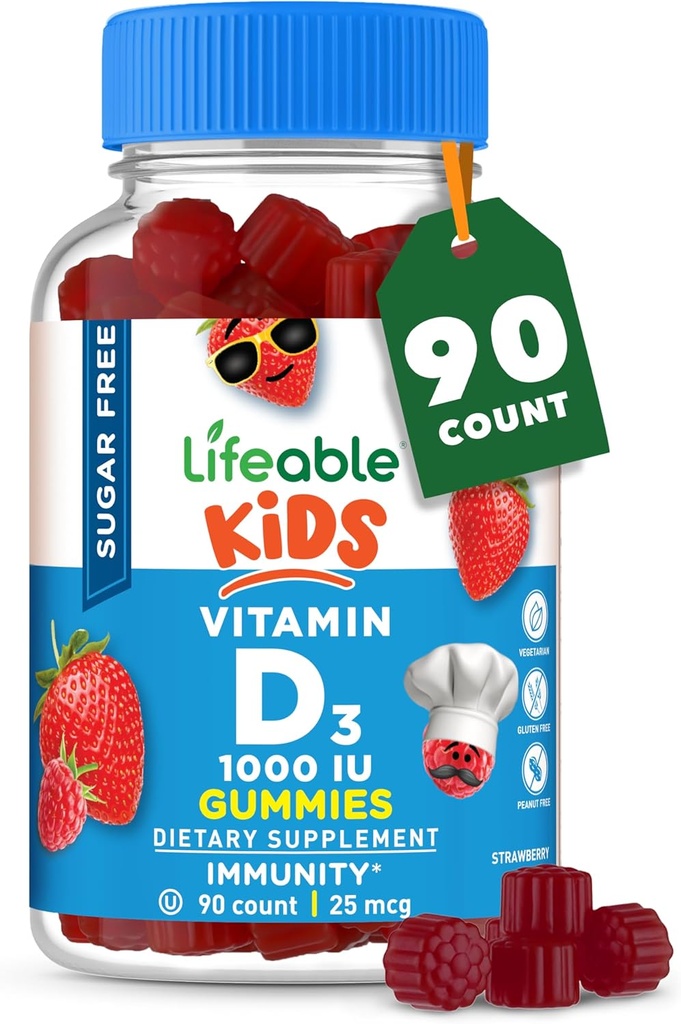 Lifeable Sugar Free Vitamin D for Kids 1000 IE - Great Tasting Natural Flavor Gummy Supplement - Gluten Free Vegetar Chewable - for stærke og sunde knogler, for børn, Teen, Toddler, 90 Gummies