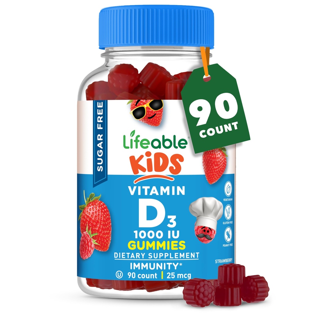 Lifeable Sugar Free Vitamin D for Kids 1000 IE - Great Tasting Natural Flavor Gummy Supplement - Gluten Free Vegetar Chewable - for stærke og sunde knogler, for børn, Teen, Toddler, 90 Gummies