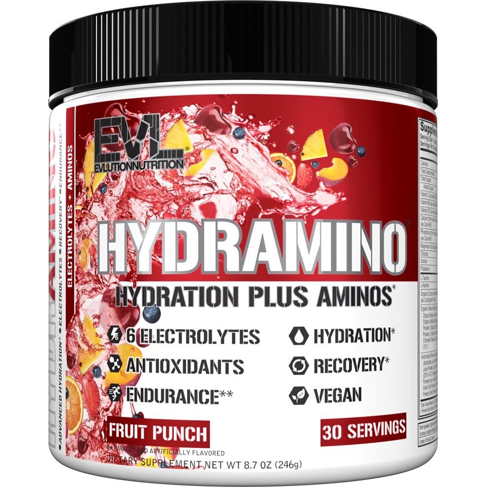 Evolution Nutrition HYDRAMINO Complete Hydration Multiplier, Alle 6 Elektrolyter, C & B-vitamin, Fluid Boosting Aminos, Kokosolie vand, Endurance, Inddrivelse, Antioxidanter, 30 Serve, Frugt Punch
