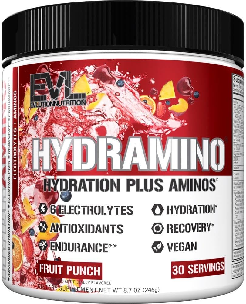 Evolution Nutrition HYDRAMINO Complete Hydration Multiplier, Alle 6 Elektrolyter, C & B-vitamin, Fluid Boosting Aminos, Kokosolie vand, Endurance, Inddrivelse, Antioxidanter, 30 Serve, Frugt Punch