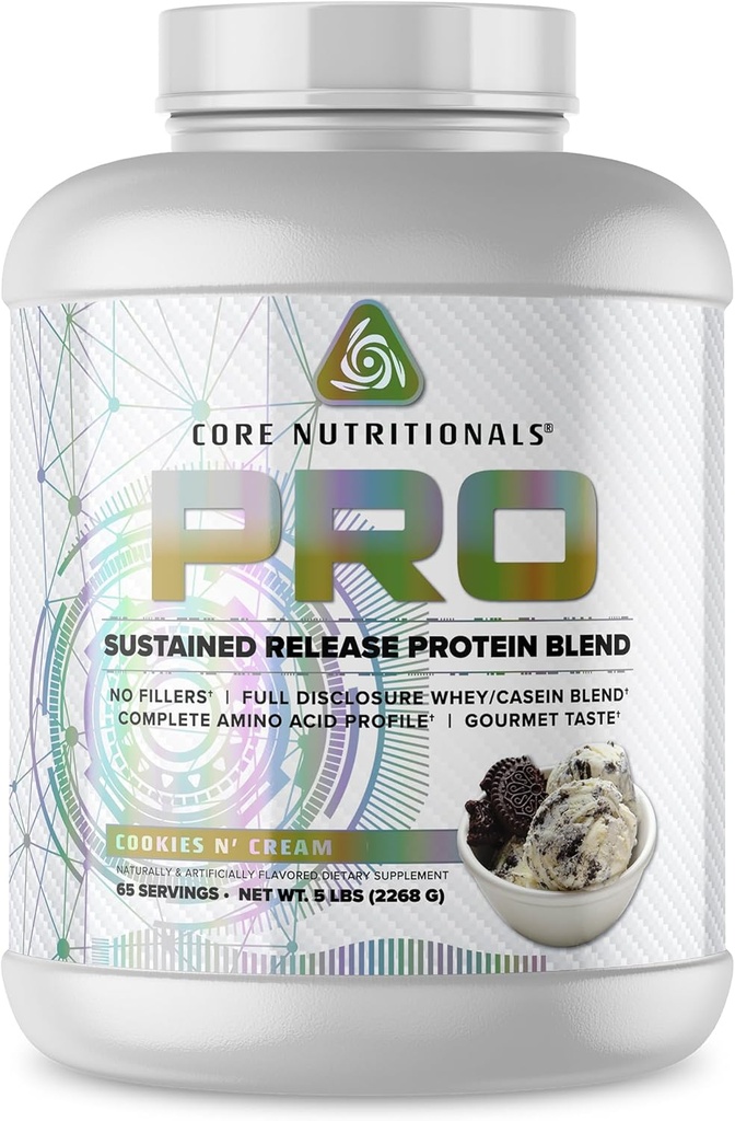 Core Nutritionals Pro Sustained Release Whey Protein Blend; 124; med fordøjelige enzymer • 124; 25g protein, 2g Carbs • 124; Ingen Fillers • 124; 5 Pound (Cookies N Cream)