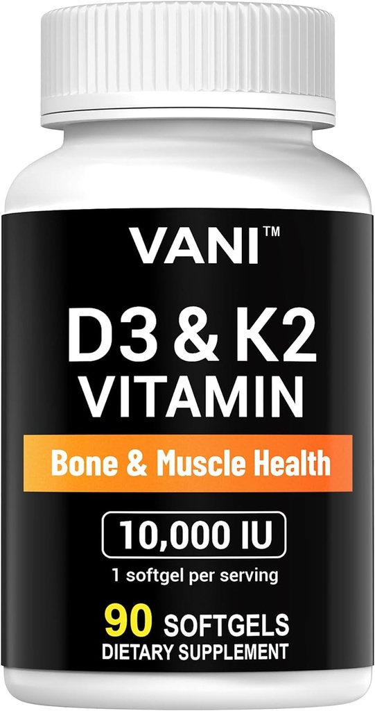 VANI Vitaminer D3 (10000iu / 250mcg) + K2 (som Mk7), for ben & muskel & tænder sundhed, 90 SOFTGELS