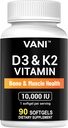 VANI Vitaminer D3 (10000iu / 250mcg) + K2 (som Mk7), for ben & muskel & tænder sundhed, 90 SOFTGELS