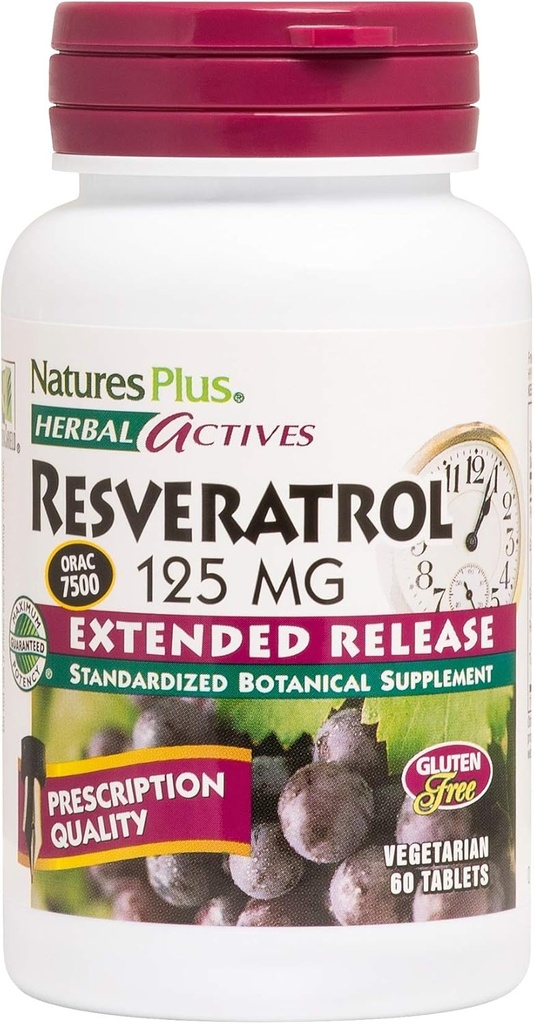 Natures Plus Herbal Actives Resveratrol, Extended Release - 125 mg, 60 vegetariske tabletter - Gluten- Free - 30 Servere