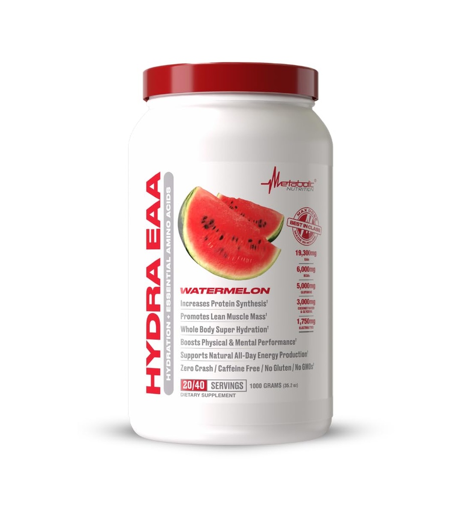 Metabolisk ernæring Hydra EAA, 1000g af essentielle aminosyrer + hydrering, EAA, BCAA, Glutamin, Electorlytes, Kokosolie Vand & Glycerol, Amazing Flavors (Watermelon, 1000g)