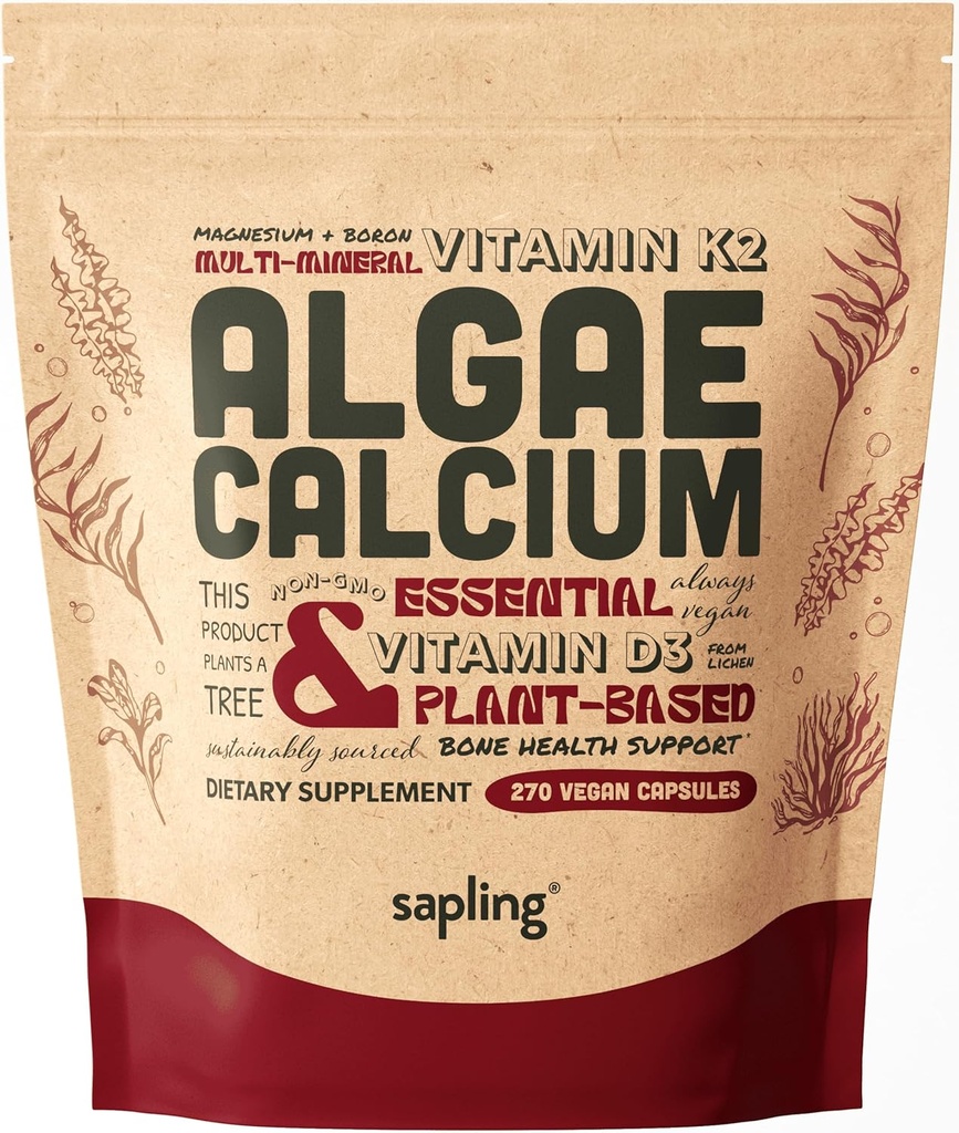 Calciumtilskud - hel mad med vitamin K2 & D3, magnesium, zink, bor, mineralkompleks. Sendt bæredygtigt fra Red Algae. for ben styrke og støtte. Ikke- GMO & Vegansk (270 Tæl)