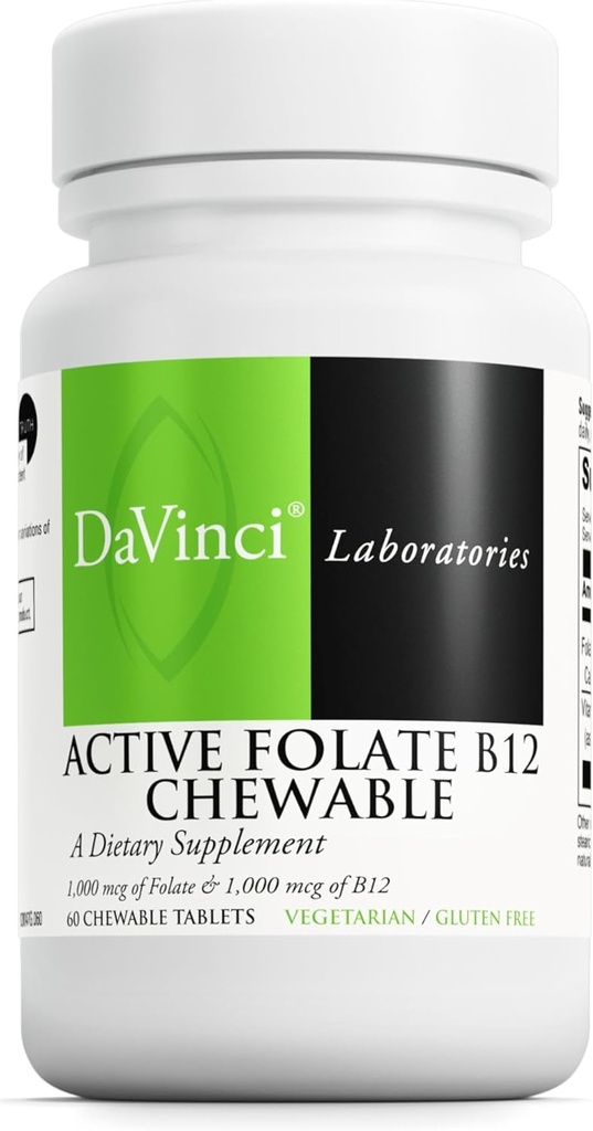 DAVINCI Labs Active Folate B12 Chewable - Kosttilskud til støtte hjerte sundhed, sunde nerver, immunfunktion og energiproduktion * - med folat og vitamin B12- 60 tyggetabletter