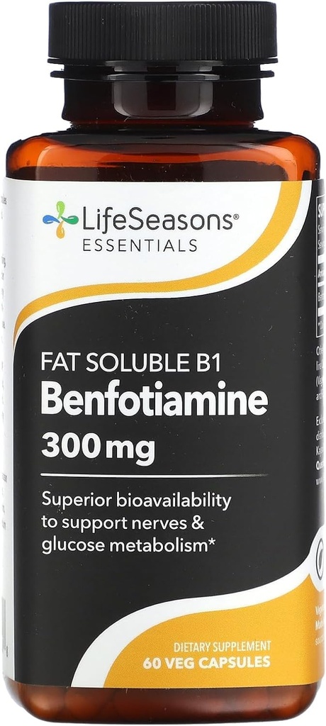 LifeSeasons Essentials Benfotiamin - Fat Opløseligt B1 - Understøtter sund cirkulation & Vision - Forbedrer hukommelse og kognitiv ydeevne - Kraftfuld antioxidant - 60 kapsler