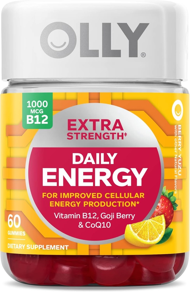 OLLY Extra Strength Daily Energy Gummy, Koffein Free, 1000mcg Vitamin B12, CoQ10, Goji Berry, Voksen Chewable Supplement, Berry Yuzu Flavor - 60 Greve