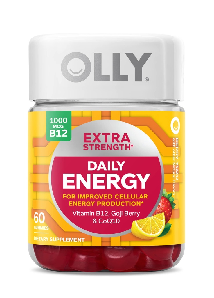 OLLY Extra Strength Daily Energy Gummy, Koffein Free, 1000mcg Vitamin B12, CoQ10, Goji Berry, Voksen Chewable Supplement, Berry Yuzu Flavor - 60 Greve