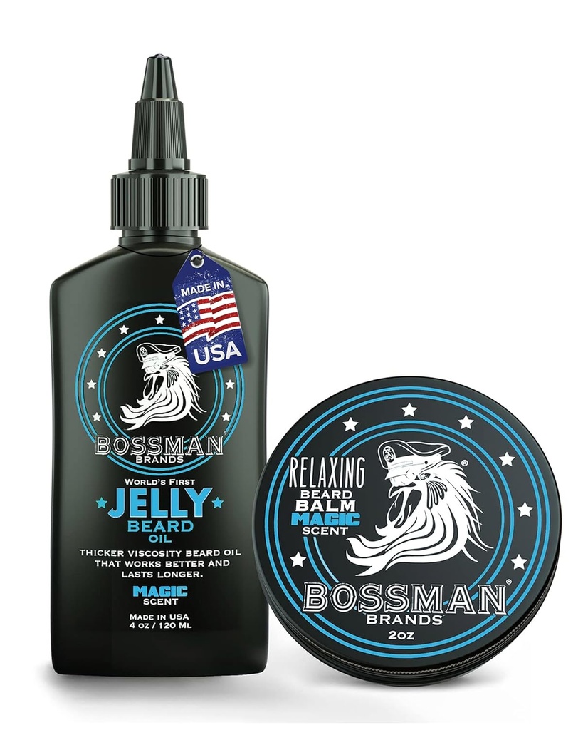 Bossman Jelly Beard Olie til mænd & Beard Balm til mænd Combo - Softens, Tammes Fugt & Betingelser - Magic Duft - Naturlige Ingredienser & Lavet i USA