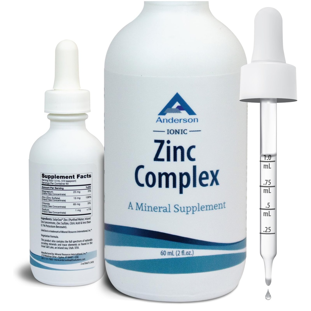 Anderson Ionic Zink Complex, flydende dråber til immunforsvar, 15mg Zink Sulfate per servering, Balanced Trace Mineral Dietary Supplement for kvinder, mænd, 60 Servering, 2oz Flaske