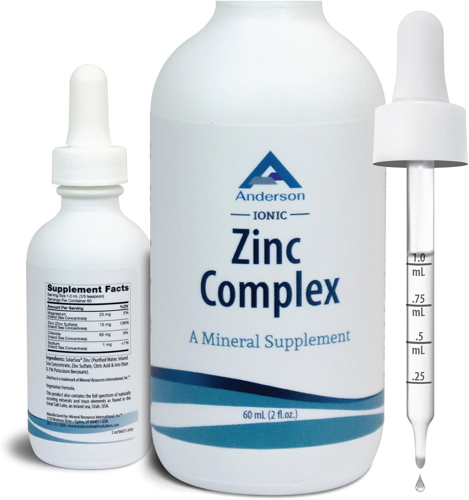Anderson Ionic Zink Complex, flydende dråber til immunforsvar, 15mg Zink Sulfate per servering, Balanced Trace Mineral Dietary Supplement for kvinder, mænd, 60 Servering, 2oz Flaske