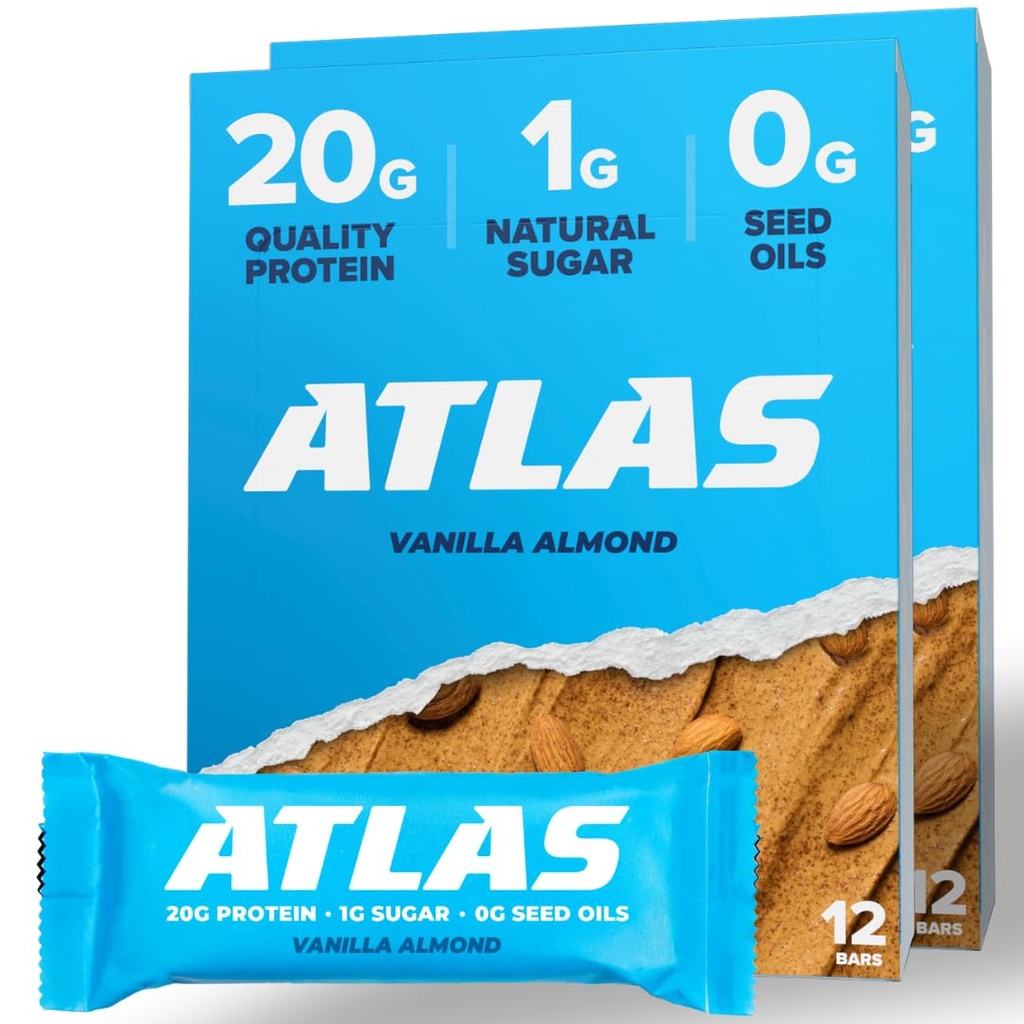 Atlas Protein Bar - 20g Clean Protein, 1g Natural Sugar, No Seed Oliils, Gluten Free, Ingen kunstige sødestoffer - Vanilla Mandel 24 Greve