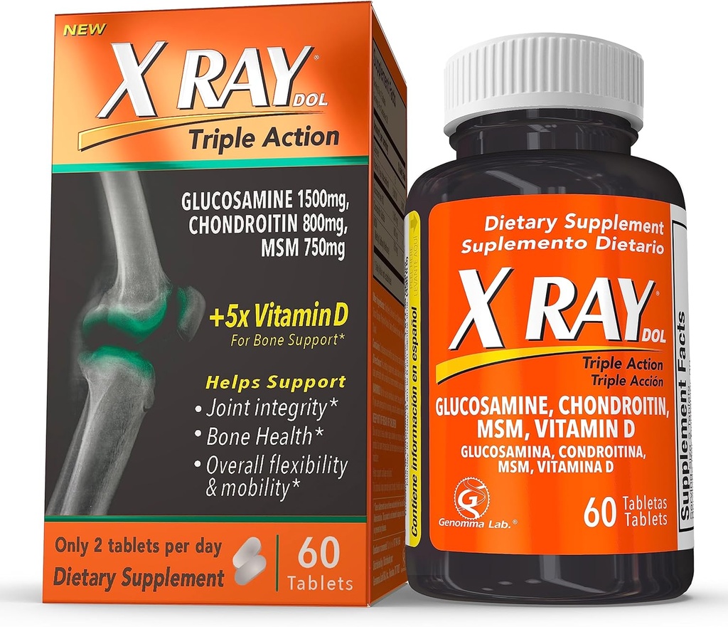 X Ray Dol Triple Action fælles supporttillæg med Glucosamin 1500mg, Chondroitin 800mg, MSM 750mg og 5X vitamin D for sunde joints, Bones & Cartiage - 60 greve per flaske - 1 pakke