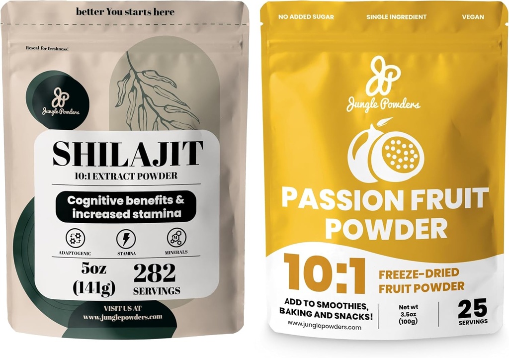 Jungle Powders Premium Duo: 5oz Raw Shilajit & 3.5oz Passion Fruit Powder - Mænds Energy Support, Immunboost, med Fryse Tørret Passion Fruit Powder til Bagning, Smoothies, Additive- Free Extract