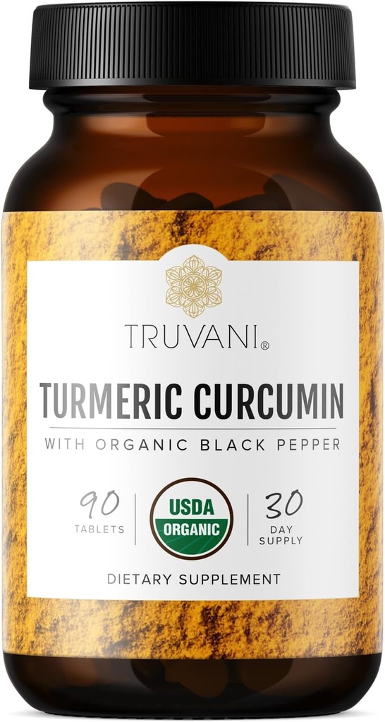 Truvani Organic Gurkemeje Curcumin Tablets 1.350 mg each - Natural Joint Support with Black Pepper for Absorption - 90 Tablets
