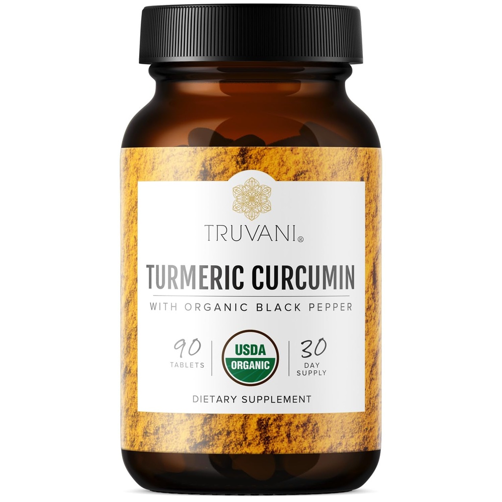 Truvani Organic Gurkemeje Curcumin Tablets 1.350 mg each - Natural Joint Support with Black Pepper for Absorption - 90 Tablets