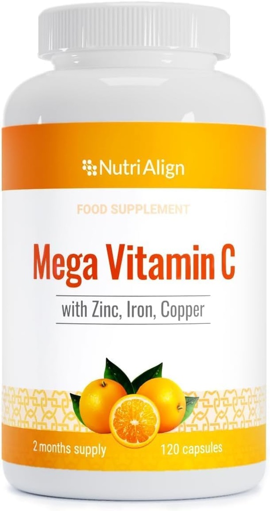 Nutrition-Justér Mega Vitamin C I 124; 120 High Strength Vitamin C 1000mg Capsules - Vitamin C og Zink, Jern & Kobber Supplement