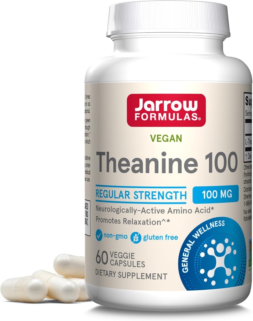 Jarrow Formulas Extra Strength Theanine 200mg & Regelmæssig Strength Theanine 100mg Afslapning Support Kapsler Bundle, 120 Veggie Kapsler