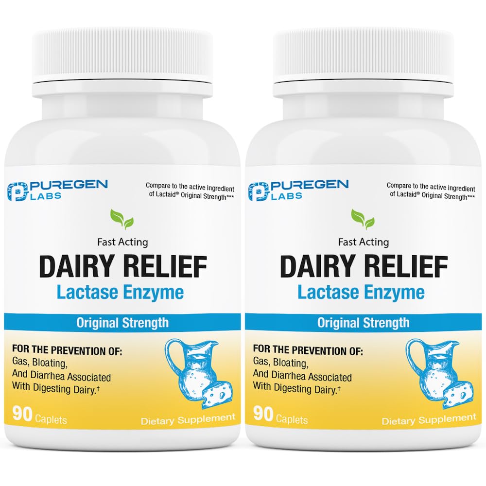 Puregen Labs Dairy Relief Natural Fast Actioning Lactase Enzyme 3000 FCC, Lactose Intolerance Pills