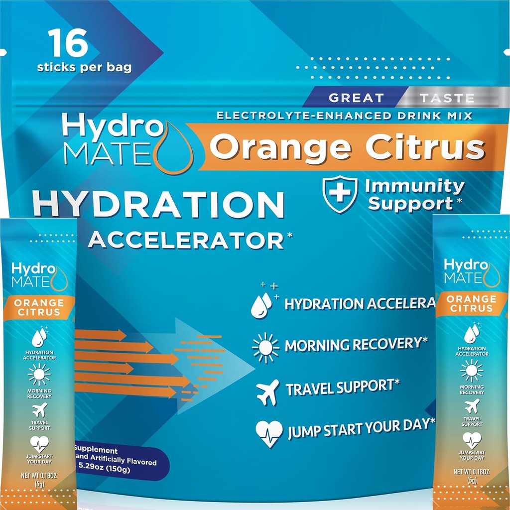 HydroMATE Elektrolyter Pulver med lavt sukker - 16 Instant Hydration Pakninger med C-vitamin Orange til Boost Energy - Low Sugar Electrolytes Powder Pakninger til støtte Hydration til hurtig Party Inddrivelse