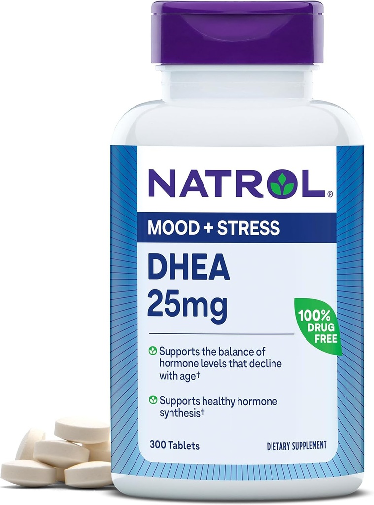Natrol Mood & Stress DHEA 25mg med Calcium, Kosttilskud til Balance af visse Hormone Niveau og Mood Support, 300 tabletter, 300 dages forsyning