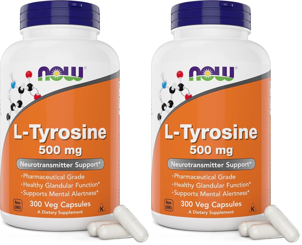 Now Foods L- Tyrosine 500mg, 300 kapsler - Ikke GMO - Understøtter Mental Alertness - 500 mg Caps - Gratis form supplement (pakke med 2)