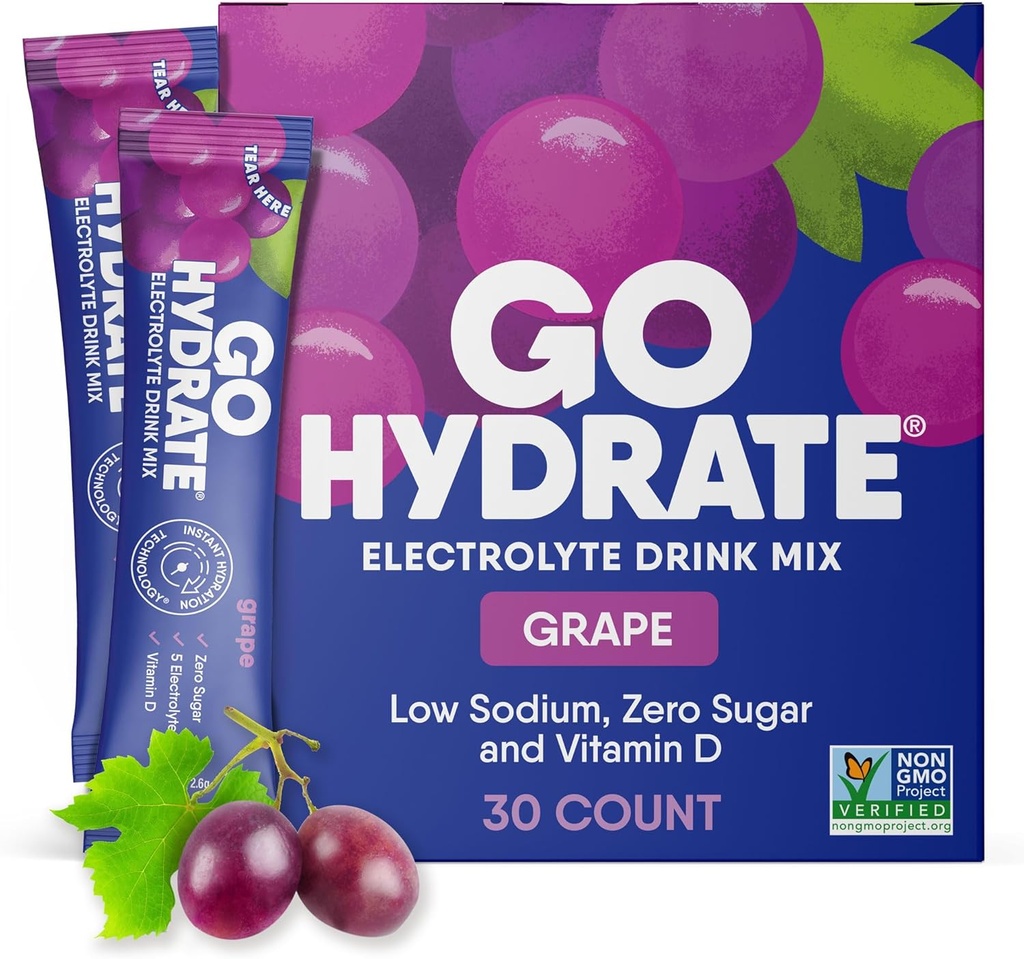 GoHydrate Instant Hydration Powder Pakninger - Lavt natriumelektrolytter drikke mix - Natural Hydration Support, Sugar Free Electrolyte Flavored Powder Drikke med D-vitamin, 30 Pakker, Grape