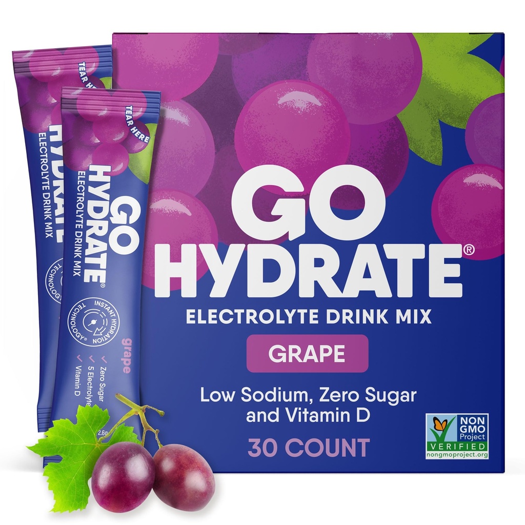 GoHydrate Instant Hydration Powder Pakninger - Lavt natriumelektrolytter drikke mix - Natural Hydration Support, Sugar Free Electrolyte Flavored Powder Drikke med D-vitamin, 30 Pakker, Grape