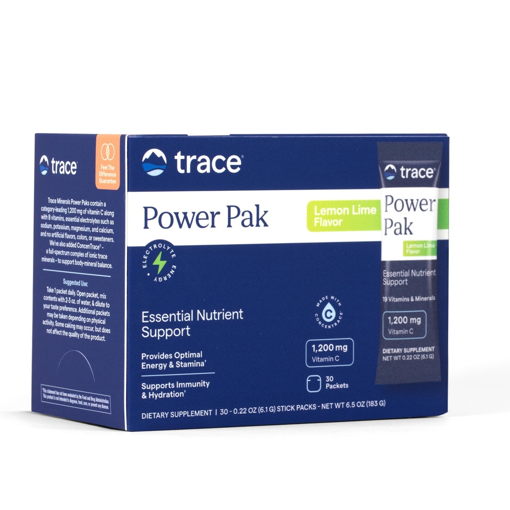 Trace Minerals Power Pak Multivitamin og Multimineral Pakker - Elektrolyte Support - 1200 mg C-vitamin plus 70 + Trace Minerals - Lemon Lime Flavor - 30 Pakker