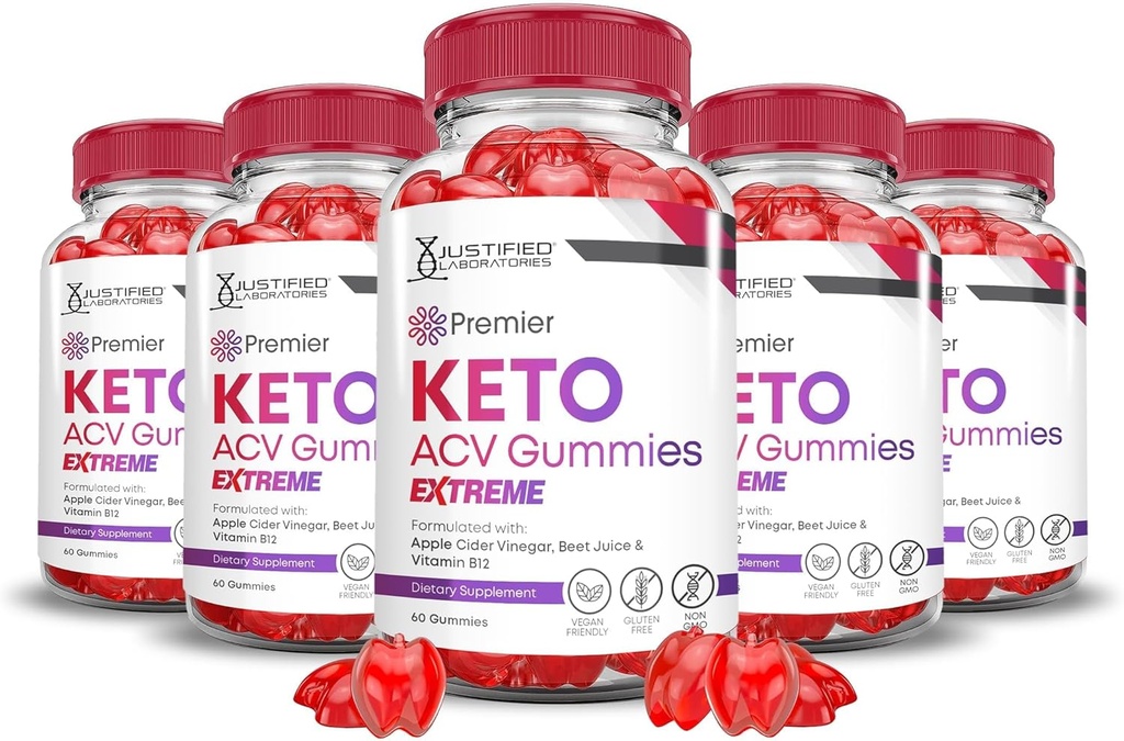 Justified Laboratories (5 Pack Premier Keto ACV Gummies Advanced Extreme 2000MG Premier Keto Gummies Apple Cider Vinciate Formuleret med Pomegranate Beet Juice Powder B12 Vegan Non GMO 300 Gummys