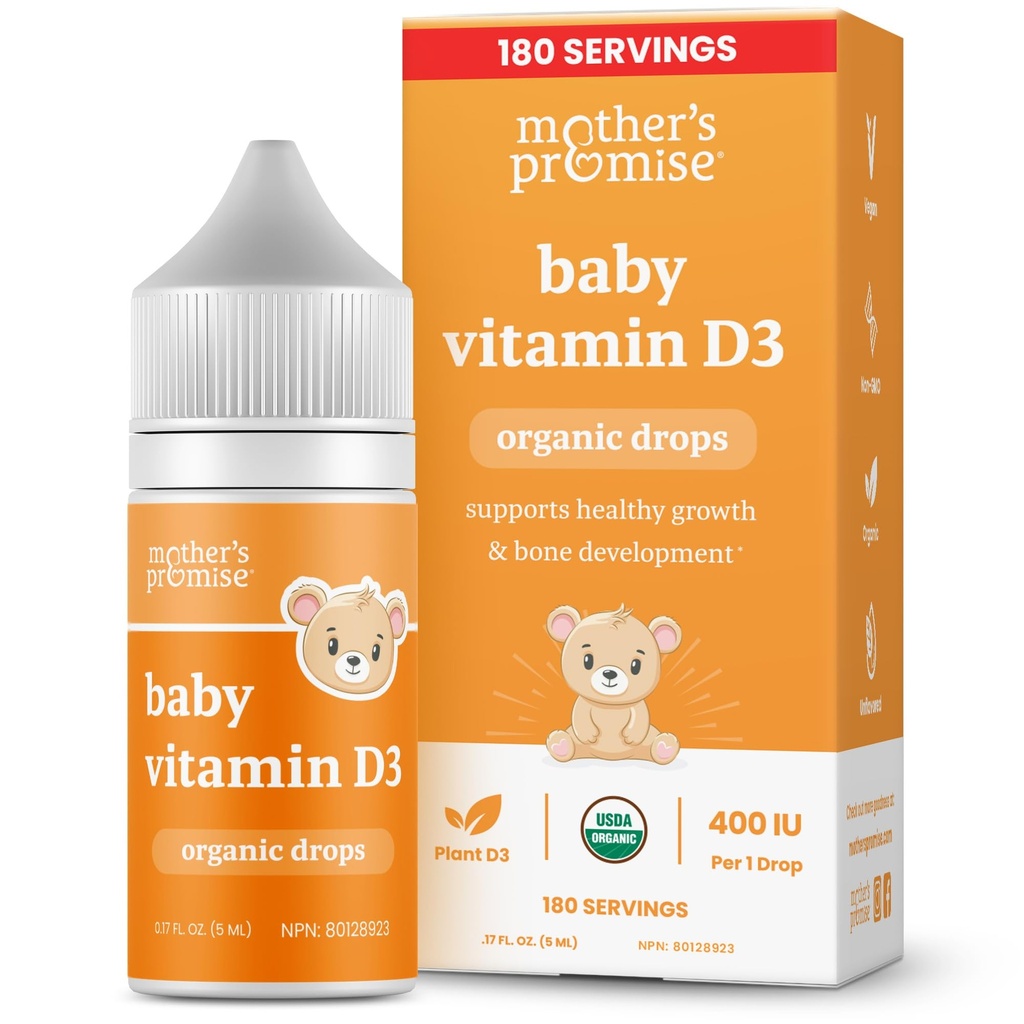 Mors løfte Organic Baby Vitamin D Drinps Mex124; 100% Plant baseret Mex124; Sund vækst & Knogleudvikling Mex124; Alder Newborn + Mex124; 180 Servering Mex124; Baby Vitamin D3 Væske til spædbørn & Toddlers Mex124; 400 IE til spædbørn