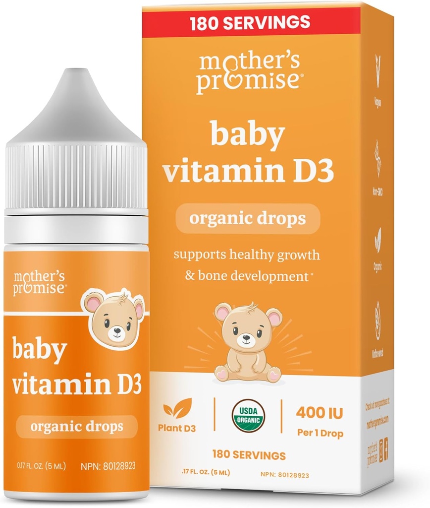 Mors løfte Organic Baby Vitamin D Drinps Mex124; 100% Plant baseret Mex124; Sund vækst & Knogleudvikling Mex124; Alder Newborn + Mex124; 180 Servering Mex124; Baby Vitamin D3 Væske til spædbørn & Toddlers Mex124; 400 IE til spædbørn