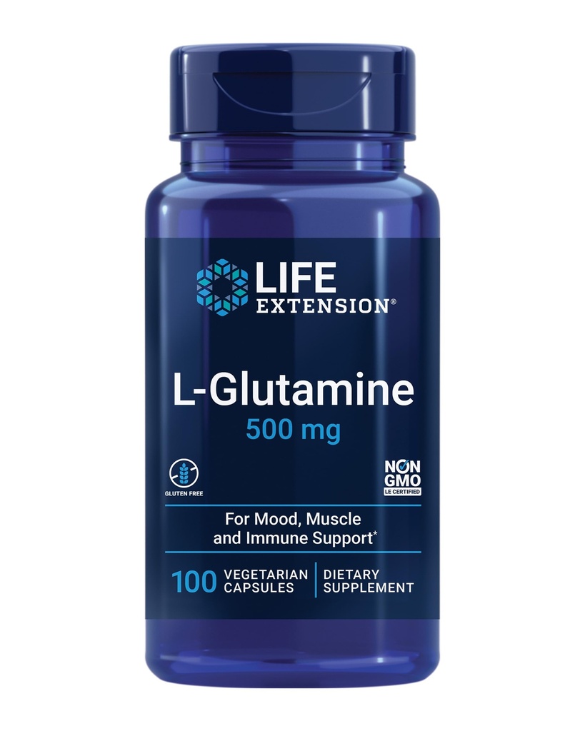 Life Extension L- Glutamin, 500 mg L- Glutamin, Amino Acid, Understøtter muskel- og immunsundhed, Gluten- Free, Non- GMO, 100 vegetariske kapsler