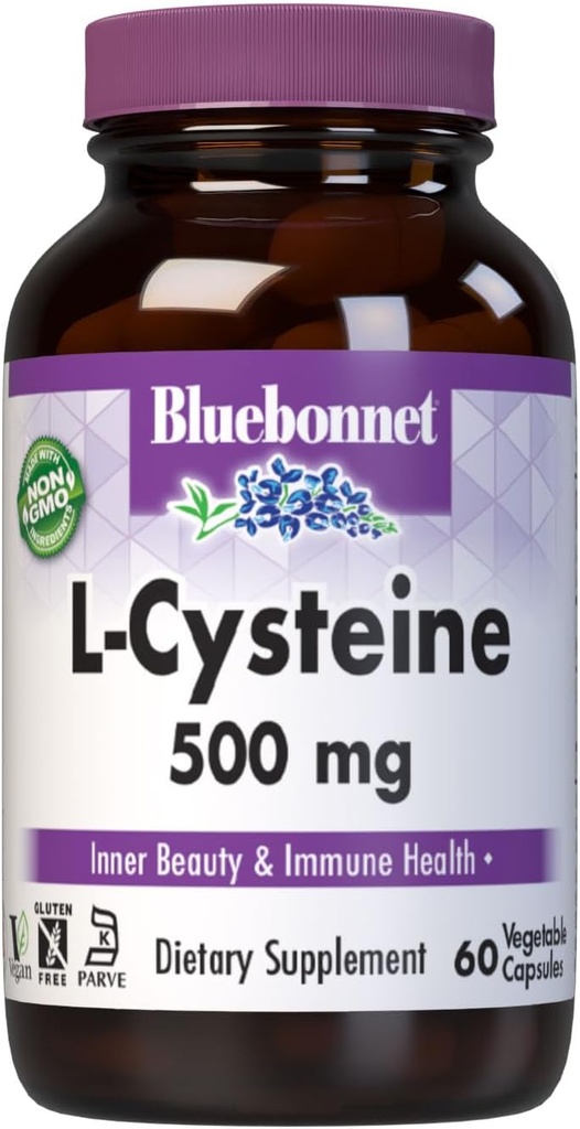 Bluebonnet Nutrition L- Cysteine 500mg, Free- Form Aminosyre, fremmer sund hud, hår og negle, soy- fri, Gluten- fri, Non- GMO, Kosher Certificeret, Vegan, White, 60 Vegetabilske kapsler