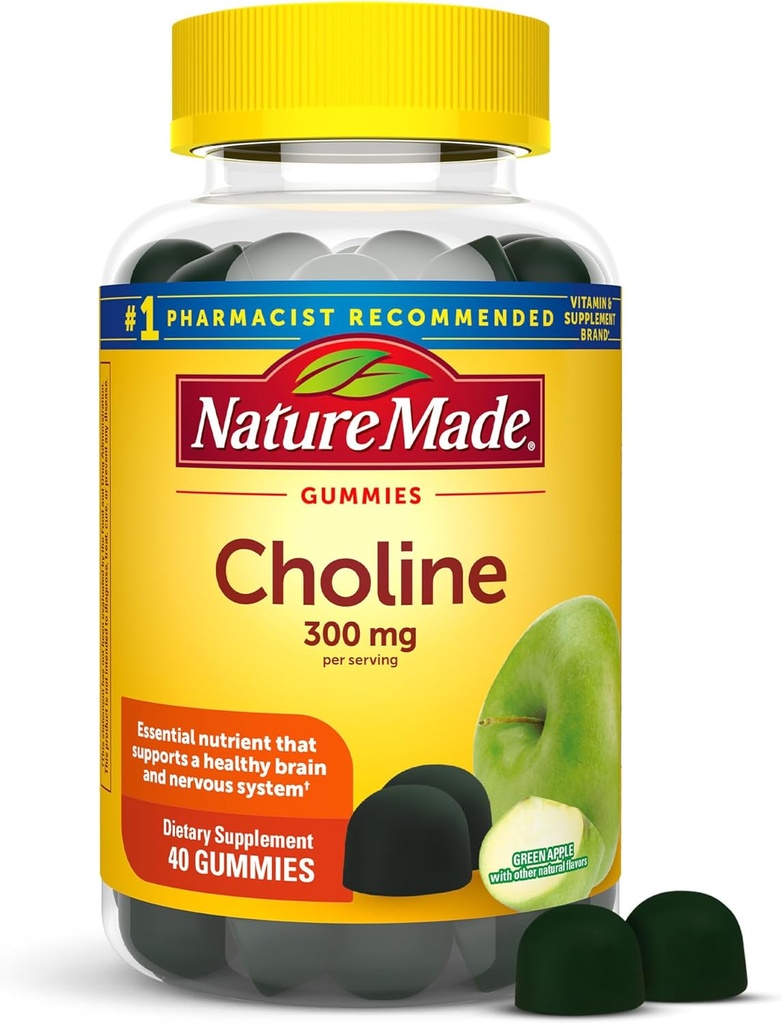 Nature Made Cholin Kosttilskud, Understøtter Lever sundhed, Nervesystemet funktion og hjerne sundhed, 40 Vegansk gummier, 20 dages forsyning