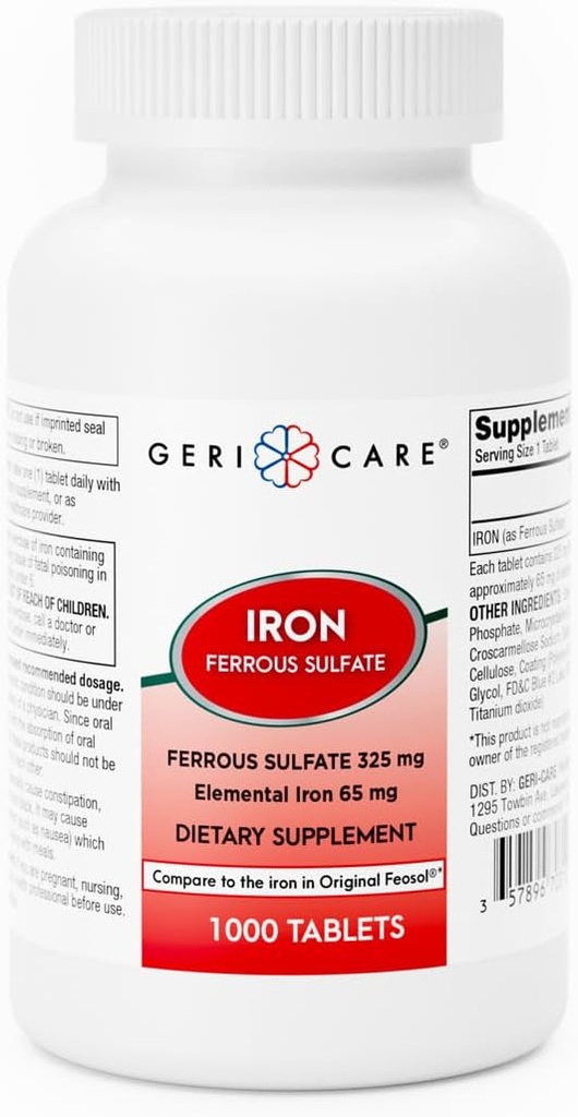 GeriCare Ferrosulfat- tabletter 325mg, Elemental Iron 65 mg højpotens Iron Supplement- 124; Kosttilskud 1000 Count. (Pakning med 1)
