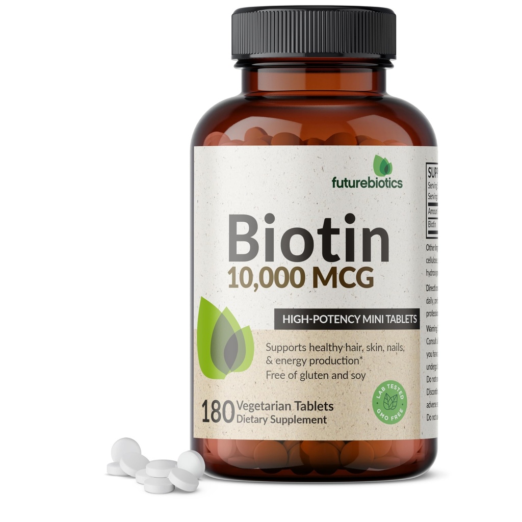 Futurebiotika Biotin 10.000 MCG High Potency Tablets Understøtter sundt hår, hud & negle & energiproduktion, non-GMO, 180 vegetariske tabletter
