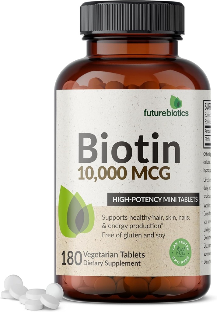 Futurebiotika Biotin 10.000 MCG High Potency Tablets Understøtter sundt hår, hud & negle & energiproduktion, non-GMO, 180 vegetariske tabletter